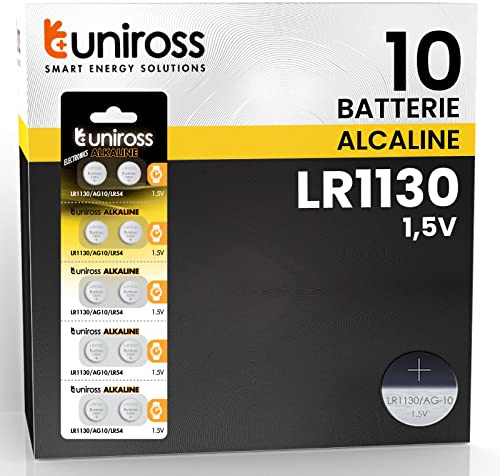 Uniross Batterie AG10/LR1130/LR54 1,5 V Pile Alcaline à bouton - Blister de 10 piles