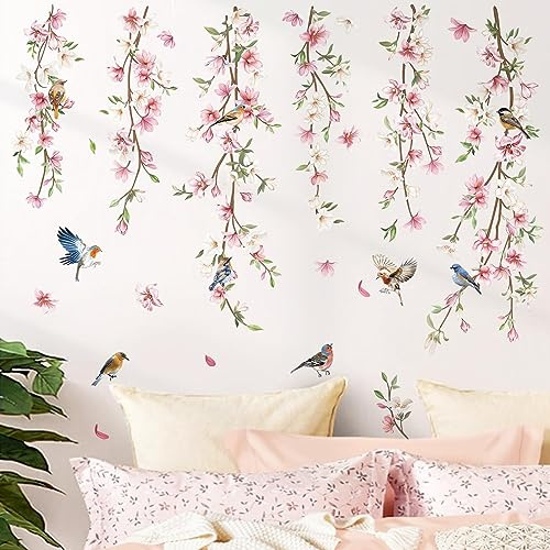 decalmile Hängande blomma klätterväxt väggdekaler rosa blommor löv fåglar väggklistermärken sovrum vardagsrum soffa TV bakgrund väggdekor