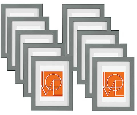 WOLTU Bilderrahmen 10x15 cm, Fotorahmen zum vertikalen oder horizontalen Aufhängen/Aufstellen, Holzrahmen mit Passepartout, Set of 10 Posterrahmen Collage Wanddeko, Grau