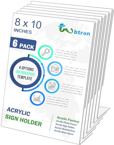 Wbtran Slanted Back Acrylic Sign Stands 8 x 10, Clear Tabletop Display, Plastic Paper Sign Holder for Office, Home, Restaurant (6 Pack)