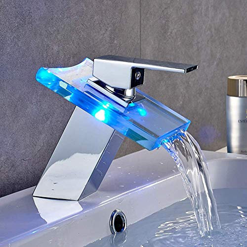 ZERAPH Modernes verchromtes LED-Badezimmerwaschbecken mit Wasserfall und kaltem Untertischbecken, Temperaturregelung, Farbbeleuchtung, Glas, Einzelloch. Schön praktisch