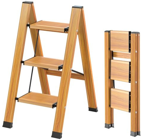 KULACO Scaletta pieghevole a 3 gradini, in alluminio, scala a gradini portatile, scala domestica, antiscivolo, con venature del legno, design per casa e campeggio, portata fino a 150 kg