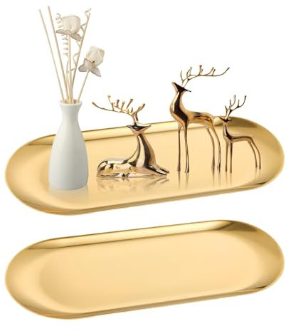 2 Piezas Bandeja Vaciabolsillos Bandeja Acero Inoxidable Bandejas Decorativas Oro Ovalada Bandejas para Almanecer Joyas Cosméticos Aperitivos