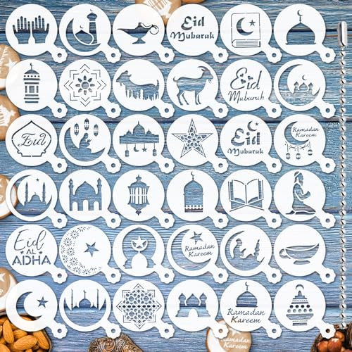 JULBEAR 36 Pieces Reusable Eid Mubarak Cookie Cake Stencils, Ramadan Stencil Templates Mold Tools for Cookies Coffee DIY Eid Mubarak Holiday Baking Painting Dessert Craft Decoration