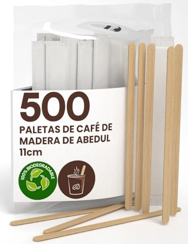 500 Palette Lunghe da Caffè e Cappuccino Monouso in Legno di Betulla da 11cm, Imbustate Singolarmente, Biodegradabili e Compostabili, Resistenti al Calore per Mescolare Caffè e Bevande