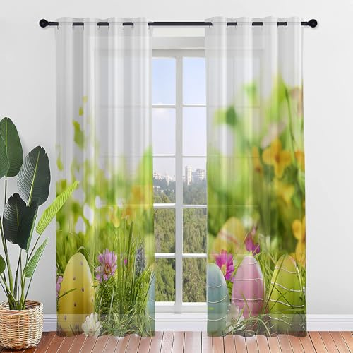 ENEN Vorhänge Wohnzimmer Osterhasen-Ostereier, Gardinen mit Ösen Halbtransparent Gardinen Wohnzimmer Oster, Schlaufenschal 2er Set für Kleine Fenster Küche Wohnzimmer Landhaus (132x244cm,A)