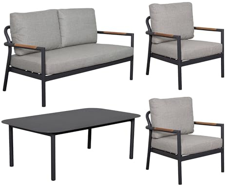 MR. DEKO® Loungeset Bilbao Grey Aluminium | Gartenmöbelset 4-teilig 2 x Sessel & 1 x 2er Sofa & 1 Tisch | Outdoormöbelset Alu & Sitz- Rückenkissen Rope | Stabil & wetterfest | Gartenmöbelgarnitur