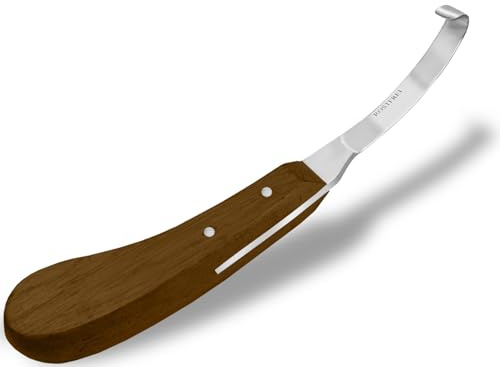 Hufmesser Pferde Linkshänder Klauenmesser mit schmaler und scharfer Klinge | Rinnmesser für Schafe mit ergonomischem Holzgriff Gehärteter Spezialstahl Hufschmied Werkzeug für linke Hand