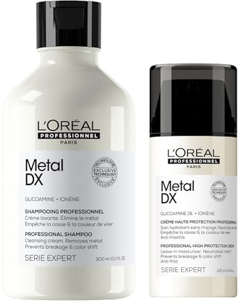 L'Oréal Professionnel Pflegeduo für alle Haartypen, beugt Haarbruch & Farbveränderungen vor, UV- & Hitzeschutz, Mit Glicoamin, Serie Expert, Metal DX Shampoo & Leave-in Cream