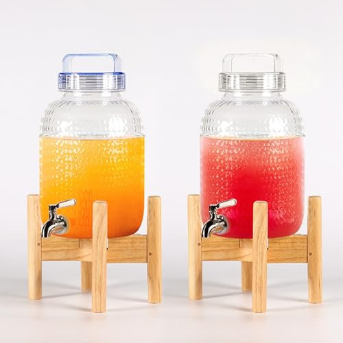 HUPUZON Paquete de 2 Dispensadores de Bebidas con Soporte de Madera, Dispensadores de Zumo de Vidrio, Jarra de Bebida con Espita para Bodas Fiestas Limonada Té Encimera(8.3L+8.3L)