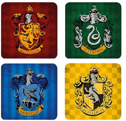 Elbenwald Untersetzer 4er Set mit Harry Potter Hogwarts Häuser Design - Geschenkidee - Glasuntersetzer Viereckig - für alle Arten von Tassen - Mehrfarbig - Kork, Kunststoff