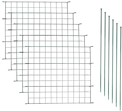 ISOISL Flacher Teichzaun Steckzaun Gartenzaun Metall – 5 Zaunelemente mit 6 Befestigungsstäben für Garten, Beetzaun und Hundegehege (Grün, Gerade)