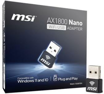 MSI AX1800 Adaptador USB Nano WiFi - WiFi 6, hasta 1800 Mbps, Red inalámbrica de Doble Banda 2.4G/5G, cifrado WPA3, MU-MIMO, OFDMA, 2X Antenas duales, Windows 11/10