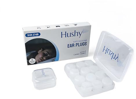 Hushy EarPlugs for Sleeping, 6 Pairs|Ultra Soft 27dB Noise Cancelling Ear Plugs for Sleep, Snoring & Travel|Universal Size Silicone EarPlugs|Waterproof, Reusable, and Holiday Essentials.