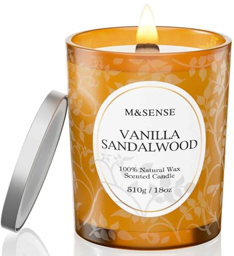 M&SENSE Duftkerze Groß 510g, Sandelholz Vanille Duftkerzen im Glas,100h Lang Brennende, Knisternder Docht Kerze, Holzdocht Kerzen, Natürliche Vegane Sojawachs Duftkerzen für Männer und Frauen