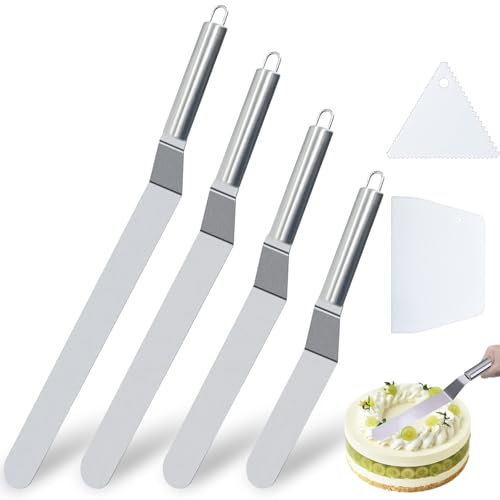 NVGVUP Winkelpalette Edelstahl Set, 4 Streichpaletten für Torten und 2 Teigschaber, Winkelpalette Torte, Tortenspachtel für Backen Verteilen von Sahne und Dekorieren Kuchen Gebäck (Silber)