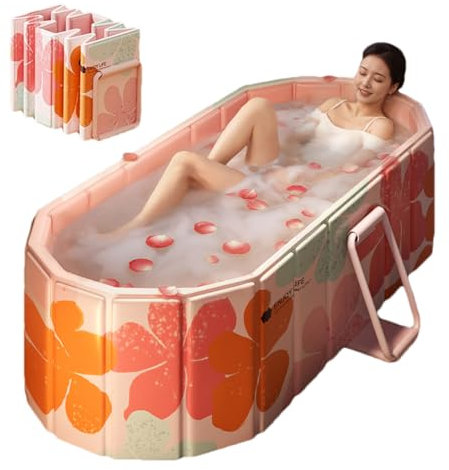 Genrenyen Bärbart badkar för vuxen 119 cm stort hopfällbart badkar utan installation för duschkabin, badrum varmt spa bad stående badkar, hopfällbart doppningsbadkar (rosa, 47,2 tum x 21,6 tum x 19,6