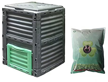 Compostador eléctrico Contenedor de compostaje de 300 l (80 galones) con acelerador de compost de 1 kg, caja de compostaje grande for exteriores con tapa abatible superior y puerta de salida inferior,