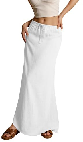 Womens Linen Maxi Skirt Drawstring Low Rise Long Skirts, Cotton Linen Skirts for Women Summer Comfy A Line Long Flowy Skirt (White,S)