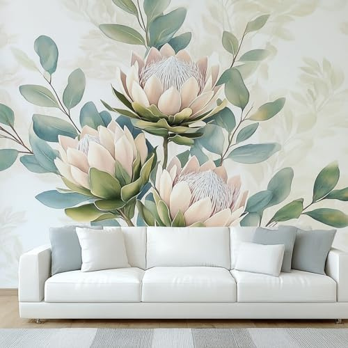 Générique Papier Peint Panoramique Fleur Protéa, Papier Peint Feuille Verte Fleur, Fresque Murale, Decoration Chambre Salon, 400 x 280 cm