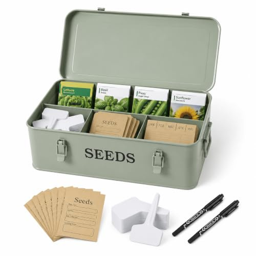 Gzsekken Seed Storage Box Organiser,Metal Seed Box with Safety Lock Lids,4 Compartment Flower Packet Container with 2 Pens, 20 Plant Labels and Envelope, Garden Seed Saving Tin for Gardening Gifts