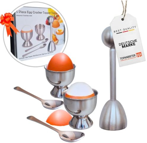 TOPANBIETER 999 Set di 5 teste d'uovo in acciaio inox – aprisuovo con 2 portauovo e 2 cucchiai – cracker, apriuova, tagliauova, tagliauova, tagliauovo, tagliauova, utensile da cucina per colazione