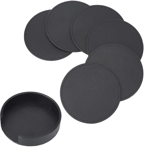 CALFOVERA 6 sottobicchiere in Pelle PU da 10cm per Bevande Portabicchieri Rotondi in Pelle Nera Tovagliette AntiGoccia Cuscinetti Isolanti Termici Antiscivolo Fatti A Mano con Base per Tazze