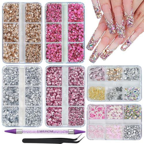 EARLMONI 12000PCS Flat Back Rhinestone Kits Pink Rhinestones Silver Face Gems Gold Nail Charms Flatback Pearls + Rhinestone Picker Tool 3D Shapes Nails Jewels for Bedazzling Face Makeup and Nail Art