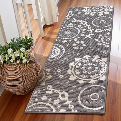 Homodeco Tapis de Couloir 50x150cm, Poils Bouclés Poil Ras Tapis de Passage Couloir Antidérapant et Lavable, Moderne Motif Tapis de Sol Long Entrée pour Porte Couloir Cuisine, Gris
