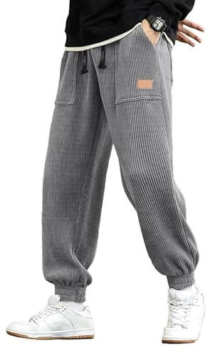 JMIERR Herren Corduroy Jogginghose Baggy Jogger Trainingshose Grau，L