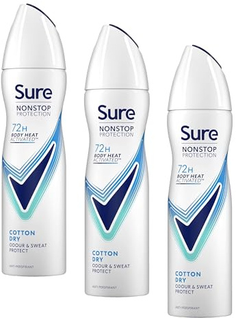 Sure Women Nonstop Protection Cotton Dry Deodorant Body Spray Antiperspirant with body heat activated technology for 72 hour odour and sweat protection 150 ml (Pack of 3)