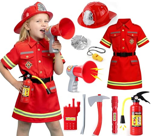 G.C Deguisement Pompier Enfant Costume Pompier Fille avec Cosplay Jouets et Accessoires Robe Casque Extincteur Lampe Torche Talkie-walkie Déguisement pour Carnaval Halloween