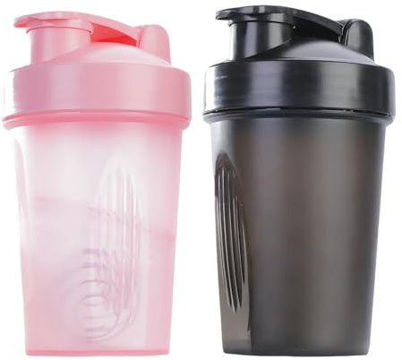 Protein Shaker Bottle, 2Pcs 400ml Plastic Shaker Bottle with Mixball | Leak Proof Shaker Cup Seal Ring for Fitness Sports Gym Supplement Drinks(Black+Pink)