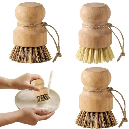 3-Piece Wooden Kitchen Brush Set, Dishwashing & Dish Scrubbing Brush, Multipurpose Washing Up Brush for Cutlery, Cookware, Shellfish and Sinks, 1 Sisal fibre 2 Coir fibre