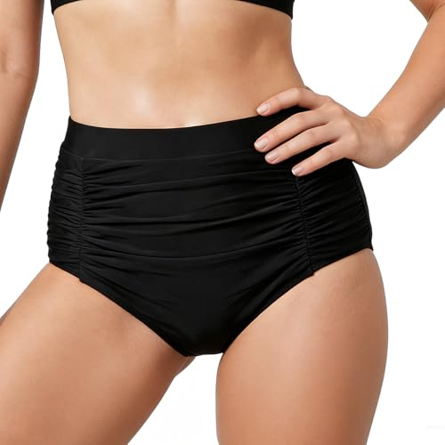 StreamSafe Bas de bikini taille haute noir pour femme - Contrôle du ventre - Bas de bikini noir pour la natation
