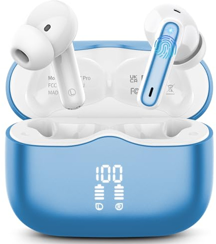 Kabellose Bluetooth Kopfhörer, in ear Kopfhörer Bluetooth 5.4 mit 4 ENC Noise Cancelling Mics, Tiefer Bass 40Std Spielzeit Kabellose Kopfhörer, IP7 Wasserdicht Sport Ohrhörer mit LED-Anzeige Blau