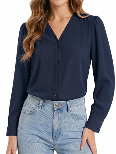Enmain Camicia Donna Elegante Manica Lunga Camicetta Chiffon con Scollo a V Blusa Cerimonia Casual Ufficio con Bottoni Blu Navy S