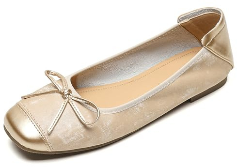 Ballerinaskor dam fyrkantig spets spets spets färg block platt snörning gå kontor klänning, Champagne, 43 EU
