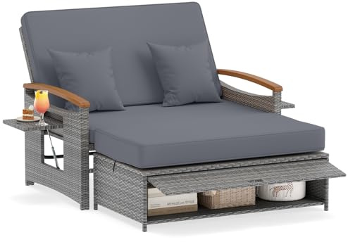 COSTWAY Polyrattan Sonnenliege, Gartenliege mit Verstellbarer Rückenlehne | Doppelliege 2 Personen mit Kissen & Seitenablagen, Balkonmöbel Kleiner Balkon, Gartensofa mit Liegefunktion, Loungebett