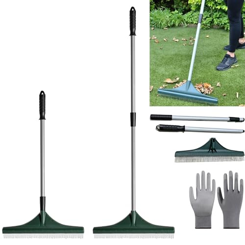 Rastrillo Multiusos para césped y alfombras, 2 en 1 para Eliminar Fieltro y Limpiar césped Artificial y alfombras sin Esfuerzo, Mango telescópico, Resistentes y Mango ergonómico (Green)