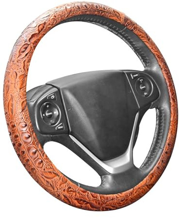 ZYHW Car Steering Wheel Cover Universal 15 inch Auto Antislip Leather Protector Flower Grain Brown