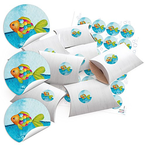 Logbuch-Verlag 24 kleine weiße Geschenkschachteln mit Fische Aufkleber 14 x 10,4 x 3 cm für Gastgeschenke Kommunion Taufe zum Befüllen