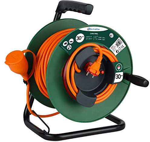 Electraline 49236 Kabeltrommel für den Garten, Länge: 30 m, Stecker und Europea, 2 Pole, Kabelquerschnitt 2 x 1,5 mm2, Orange/Grün