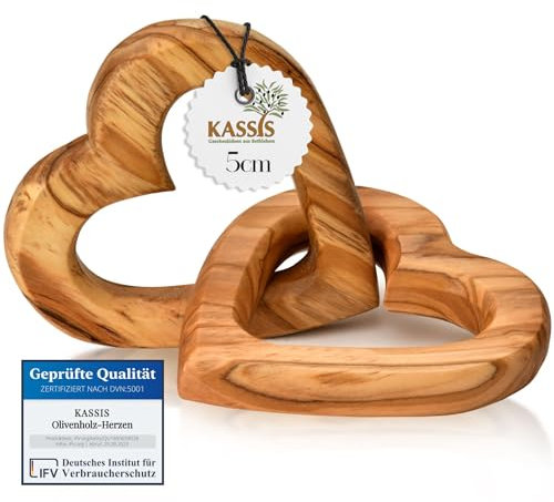 Kassis Geschenkartikel Olivenholz-Herzen für Brautpaar, zum Valentinstag, Jubiläum, Hochzeitstag, Geburtstag - verbundene Holz-Herzen - Hochzeitsgeschenk - (5 cm)
