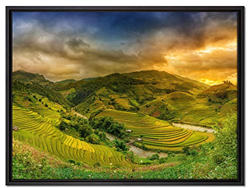 Pixxprint eine Berg Farm in Asien Leinwandbild 80x60 cm im Bilderahmen, Wandbild, Schattenfugenrahmen, Kein Poster