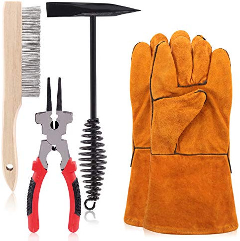 Swpeet 5 spazzole metalliche da 25,4 cm, martelli per saldatura, strumento di rimozione delle scorie con guanti, pinza da 20,3 cm e martello per scheggiatura da 25,4 cm, con manico a molla elicoidale