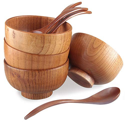 Originalidad Lot de 4 bols japonais en bois de jujube faits à la main avec cuillère assortie pour riz, soupe, sauce, salade, thé, décoration (4 bols de 10,7 cm + 4 cuillères)