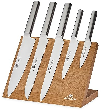 Gerlach 1760 Küchenmesser-Set 5-teilig aus Edelstahl mit Magnetleiste – Kochmesser, Brotmesser, 2x Allzweckmesser, Gemüsemesser – Härte 55-56 HRC – Ambiente Magnetic