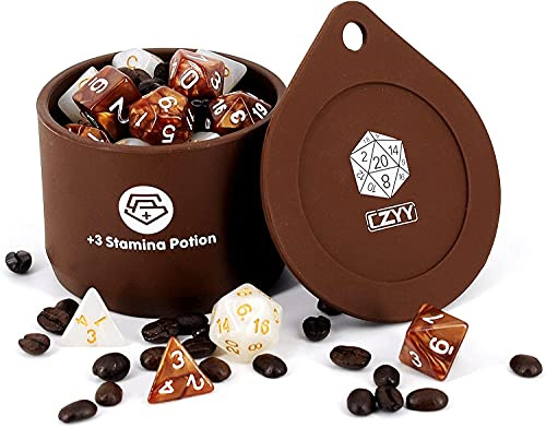 VIIPHA DND Kaffee- und Zucker-Würfel-Set (14 Stück) mit +3 Ausdauertrank-Silikonbecher zur Aufbewahrung, 7 polyedrische Gaming-Würfel aus Acrylharz