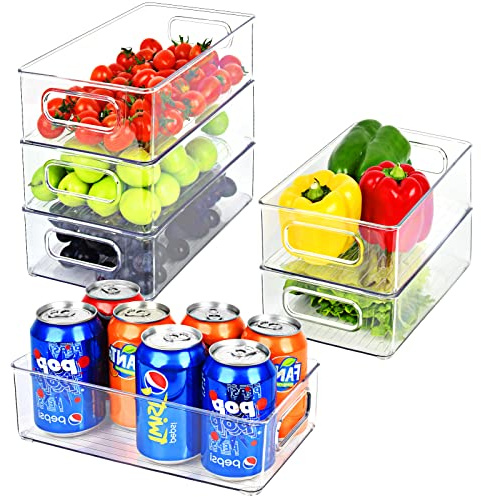 Herrfilk Kühlschrank Organizer 6er Set, Durchsichtig Stapelbare Aufbewahrungsbox mit Griff, Tidy Fridge Organizer Set, Kühlschrankbox Set für Küchen, Küchenschrank, Schränke -BPA Frei, Mittel